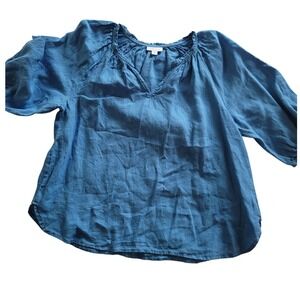 J Jill Love Linen Blue V Neck Gathered Neckline Long Sleeve Shirt Women Size S